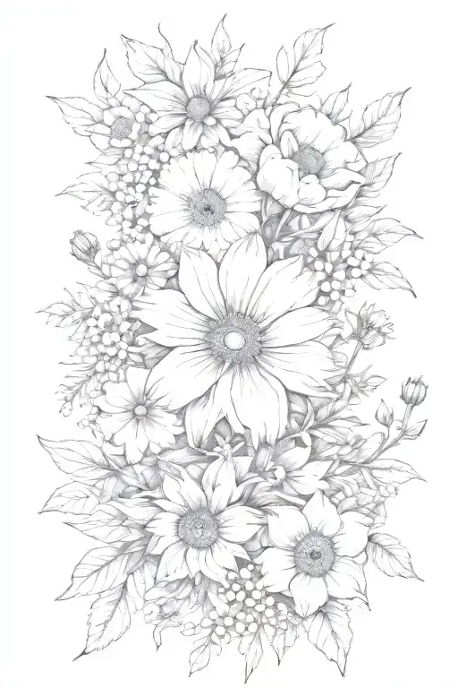 Big Flower Heads Surrounded By Wildflowers And Dainty Leaves