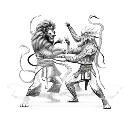 A Lion And Dragon Engaged In A Fierce Kung Fu Battle In A Sketch Style