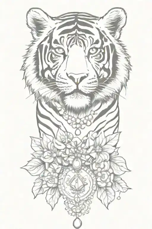 A Sketch Style Tattoo Of A Tiger Surrounded By Jewelry Pieces
