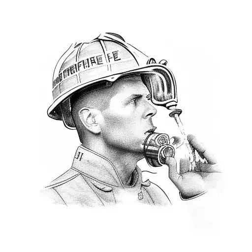 Profile View Of Firefighter Holdingin Hands A Fire Hose That Is Issuing Flame