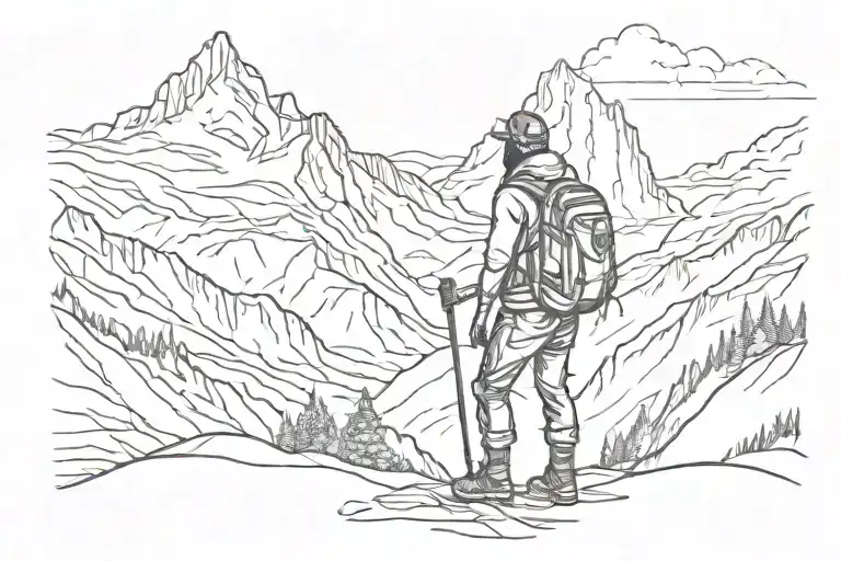 Hiker In Front Of Mountain Range Silhouette