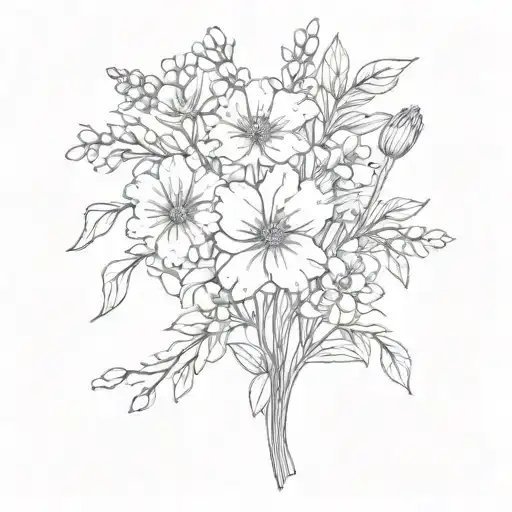 Sketch Small Thin February June July Birth Flower Bouquet For Forearm