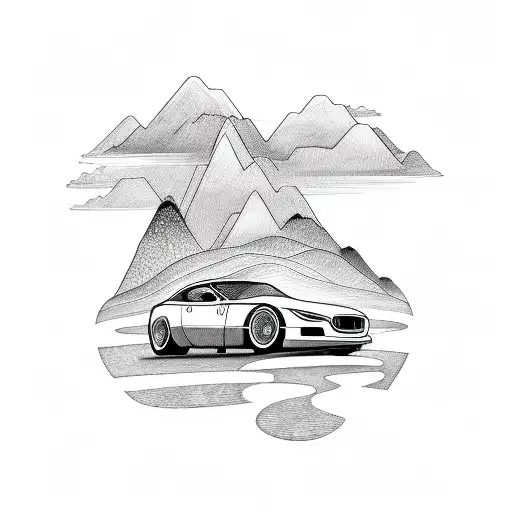A Minimalist Tattoo Of A Car Driving On A Winding Road With Mountains In The Background