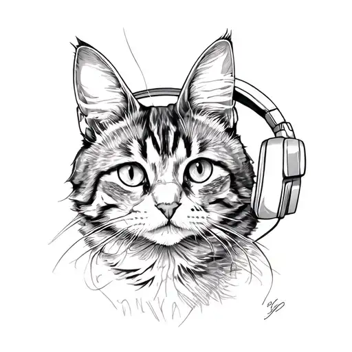 A Sketch-style Tattoo Of A Maine Coon Cat Wearing Headphones