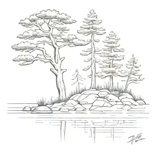 Pine Tree Shoreline On A Lake