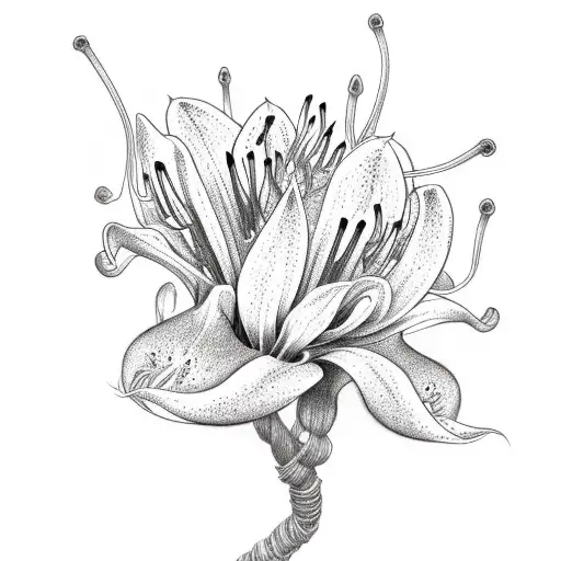 Japanese Death Lilies Entwined With Spider Webs In Sketch Style