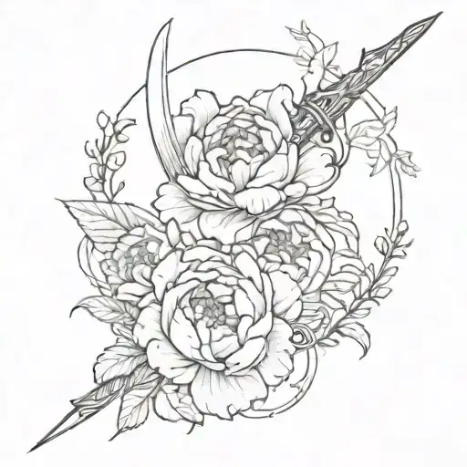 Runner Entwining A Dagger With Peonies Around A Sunset