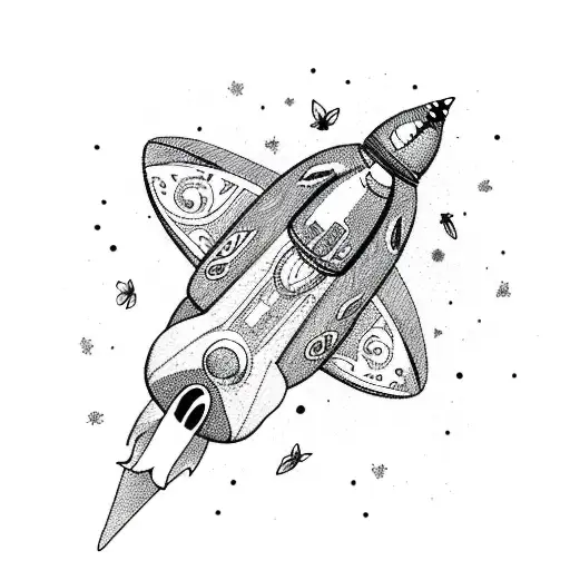 Rocket Ship In Space With Butterflies And Nature And Black Holes