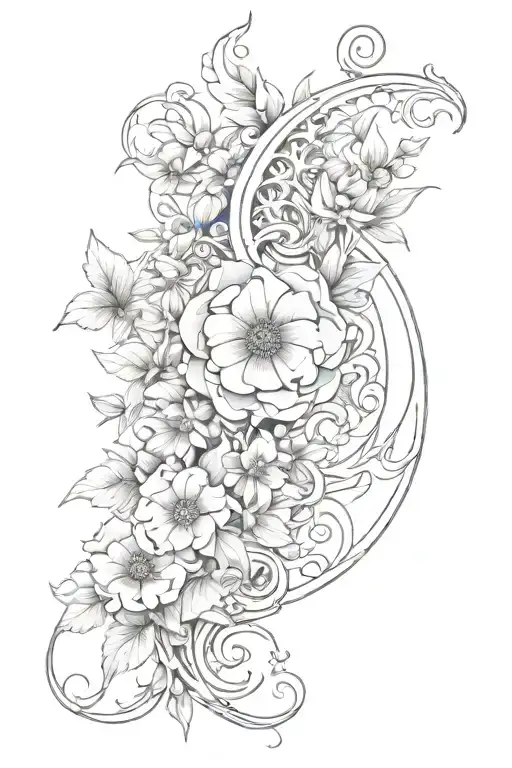 Elegant Ornamental Spine Tattoo With Flowers And Moon