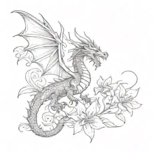 Full-length Dragon Flying Upward With A Lily Petal And Twigs