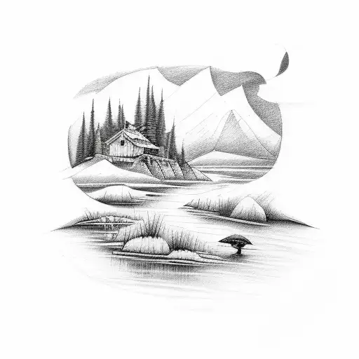 A Sketch-style Tattoo Of A Serene Nature Scene With Italian Words Incorporated