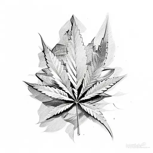 A Sketch-style Tattoo Of A Cannabis Leaf Transforming Into A Warehouse