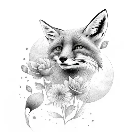 Fox And Sun Hidden Behind A Flowers