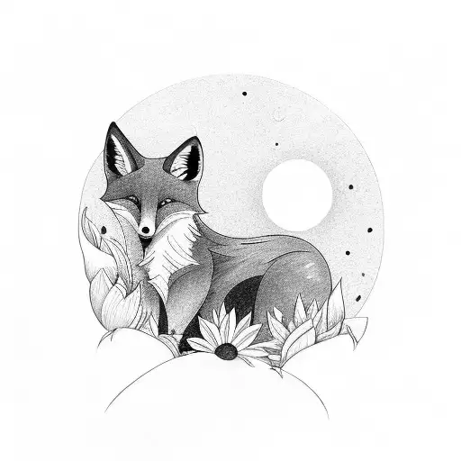 Fox And Sun Hidden Behind A Flowers