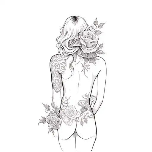 The Back Of A Woman With A Snake And Roses