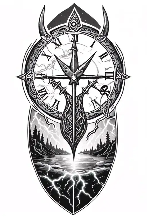 Viking Symbols And Lightining Storm And Time And Nature