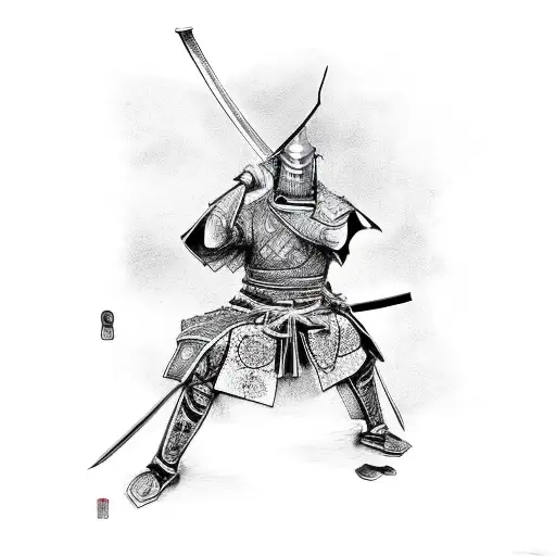 Samurai With Katana In A Full-lengt Combat Stance In Armor