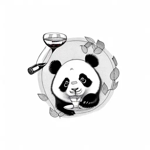 Panda Tattoo Hugging Wine Glass Black And White