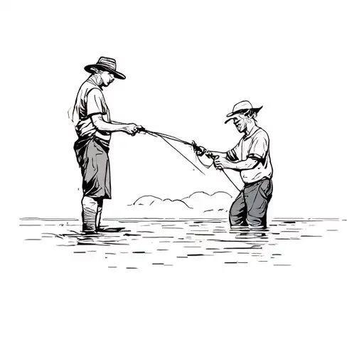 Grandson And Grandpa Casting Their Line In The Sunset