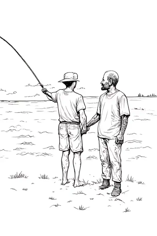 Grandson And Grandpa Casting Their Line And Sunset Behind Them