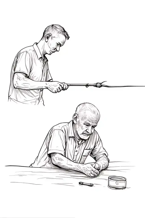 Grandson And Grandpa Casting Their Line Drawing