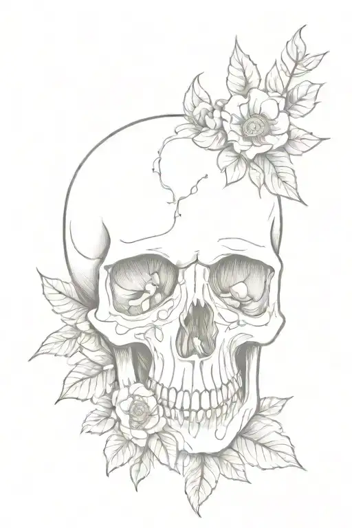 Skull Loooking Sideways With Flowers And Leafs Growing There The Eye And Nose Holes