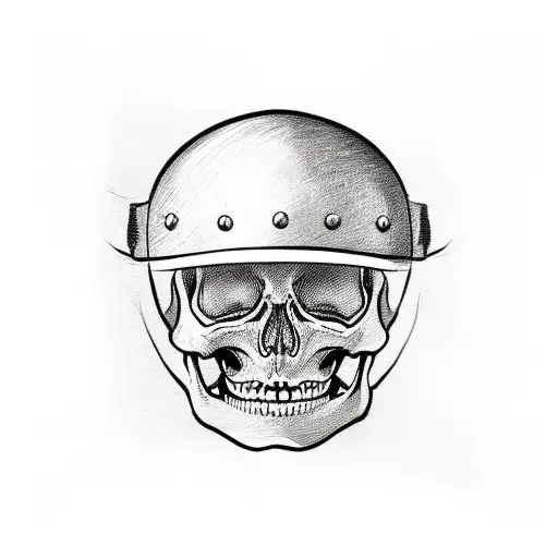 Skeleton With Biker Helmet In His Hand And A Cap On His Head