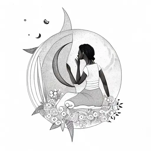 Black Girl Sitting On Flowers With Moon In The Background