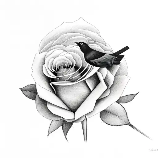 Roses With Blackbird And Clouds As A Background