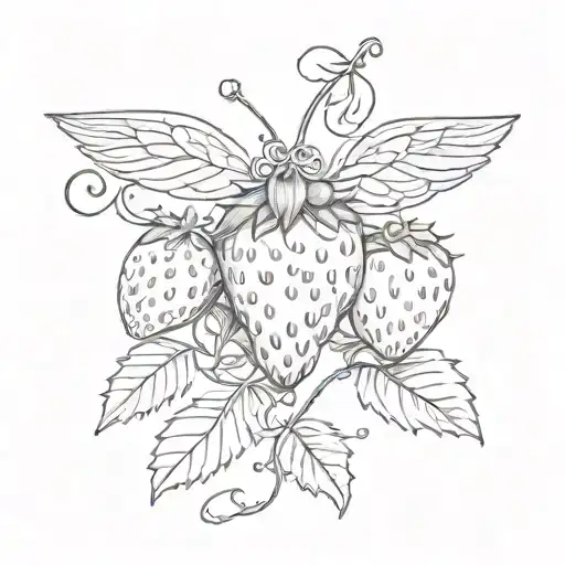 One Vintage Strawberry On A Vine With Angle Wings Spread Wide With Crry Tiny Leaves