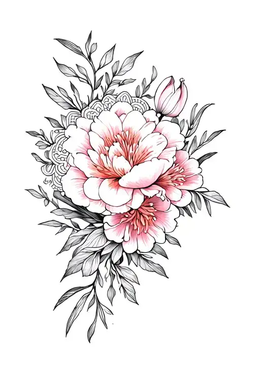 Side Of The Floral Hip With Peonies And Lilies And Mandala