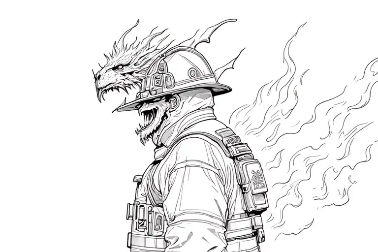 Back Of Firefighter Looking Up At Demon On Fire