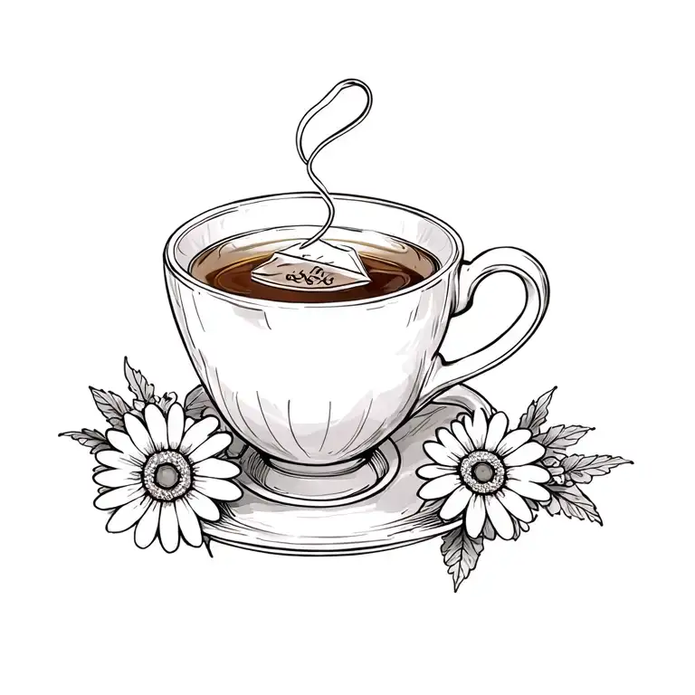 Cute Cup Of Tea With A Tea Bag And Daisies At The Base Of The Cup Vintage Style