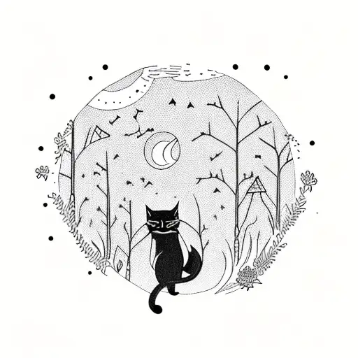 A Whimsical Cat Chasing Fireflies In A Moonlit Forest Filled With Wildflowers