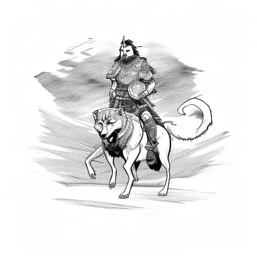Pictish Warrior Riding A Motorcycle With A Wolf Companion In A Sketch Style
