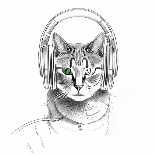 A Detailed Sketch Of A Cat Wearing Headphones Listening To Music
