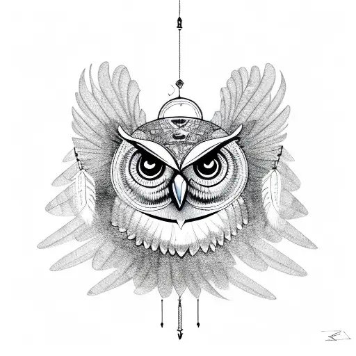 Owl With Wide Open Wings Holding A Dream Catcher