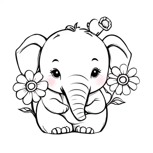 Small Tattoo Of A Cute Elephant Holding 3 Flowers In Greyscale Fine Line