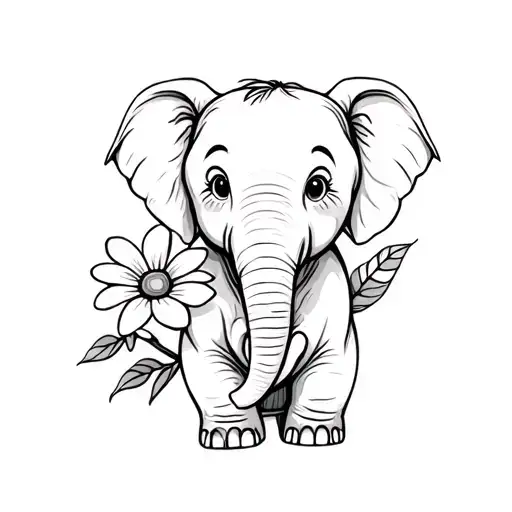 Small Tattoo Of A Cute Elephant Holding 3 Flowers In Greyscale Fine Line