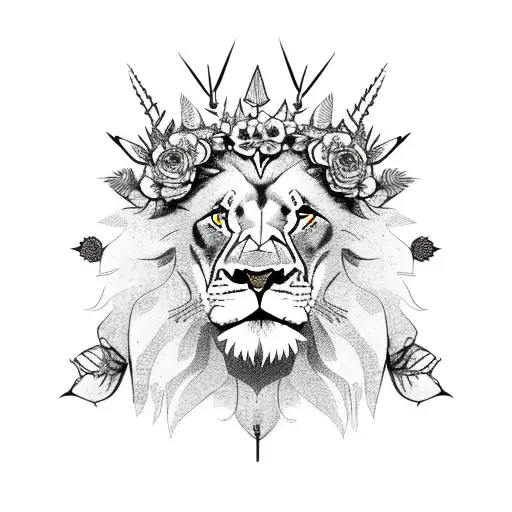 Lion With Thorn Crown And Flowers Around Him