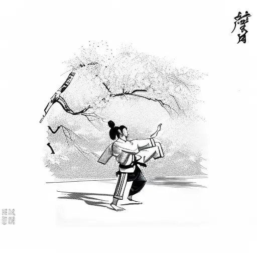 Sketch Of A Karate Instructor Teaching A Class Under A Cherry Blossom Tree