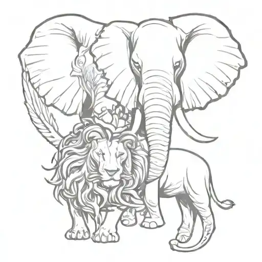 1 Elephant And 1 Lion Tattoo Line Drawing Style