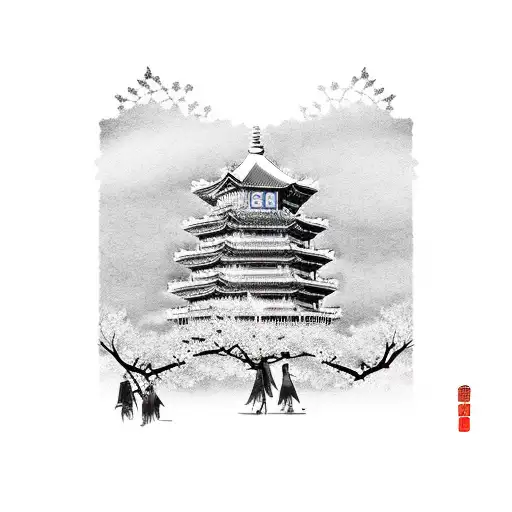 Chinese Blossom Tree With Chinese Pagoda And Japanese Samurai Warrior On Arm