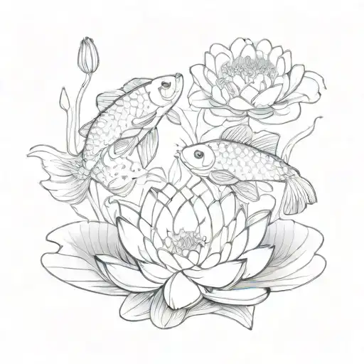Three Koy Fish Spinning Around One Water Lily Flower