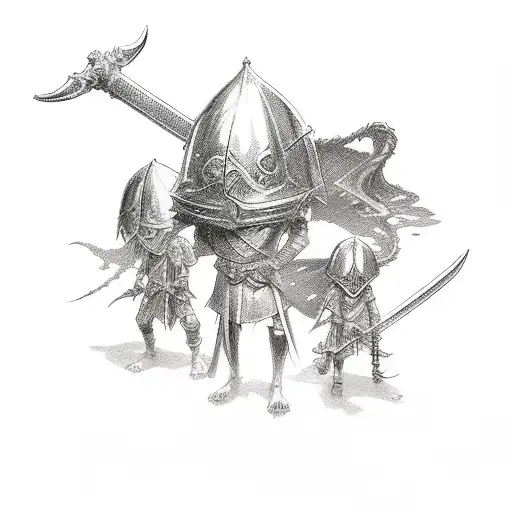 Sword And Small Demons Around On Knees Begging