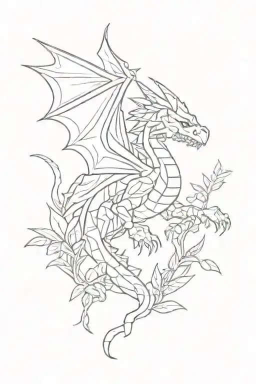 Minecraft-inspired Tattoo Featuring A Pixelated Dragon Surrounded By Lush Plants