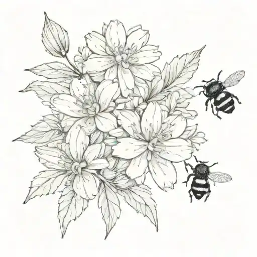 A Vintage Aster And Larkspur Flowers With One Bee And One Ladybug