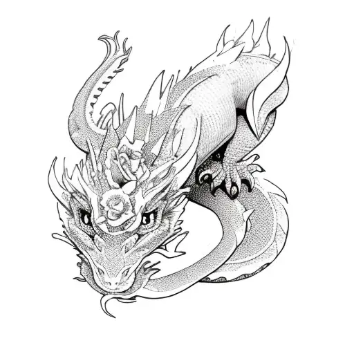 Dragon Com Rosas E Flores