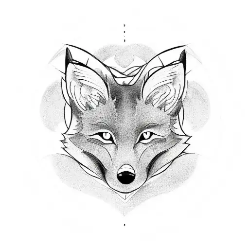 Tattoo Sketch - A Black And White Kitsune Fox In A Circle
