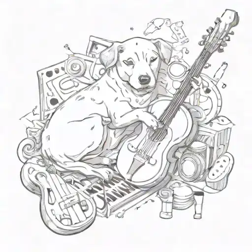 A Sleeping Dog Surrounded By Musical Instruments And Symbols
